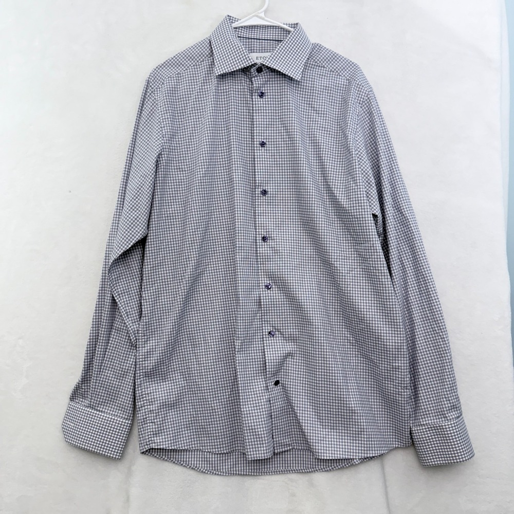 Eton Contemporary Dress Shirt Mens 42 16.5 Blue Plaid Pocket Button Up